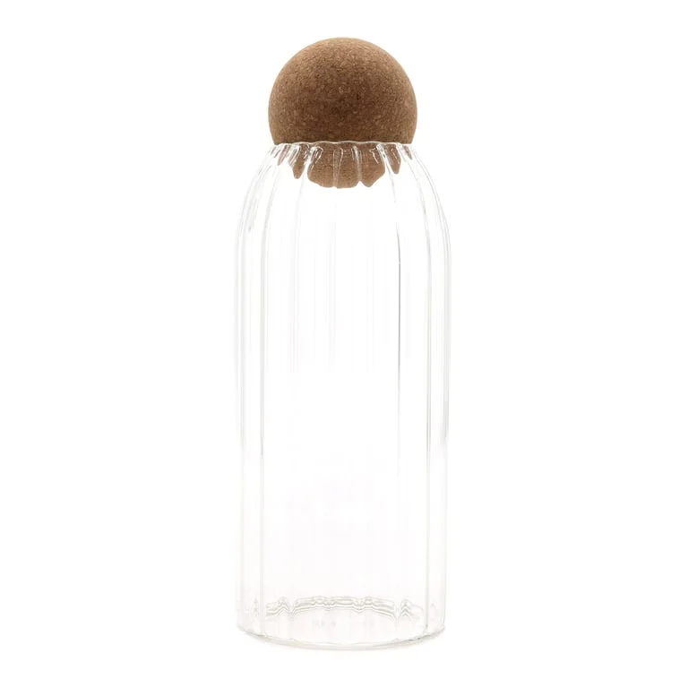 20cm ribbed glass jar with cork ball lid, cottage style