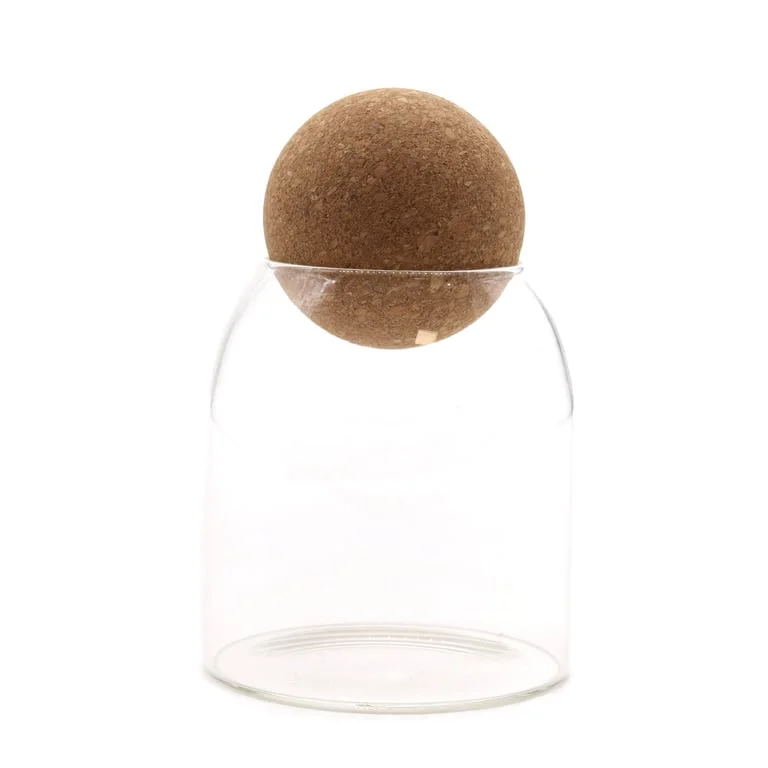 Clear 10cm cottage cork ball glass jar with top cork shown upright on white background