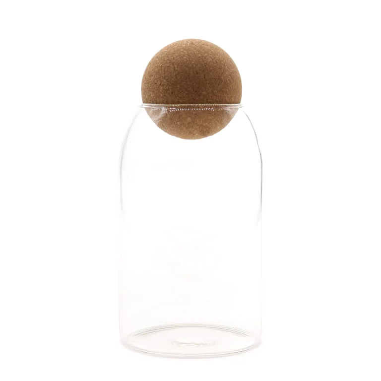 Clear 15cm cork ball glass jar displayed standing upright