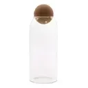 Cork ball jar: clear vintage glass jar with cork ball stopper, 20cm tall, showing its lid and transparent interior.