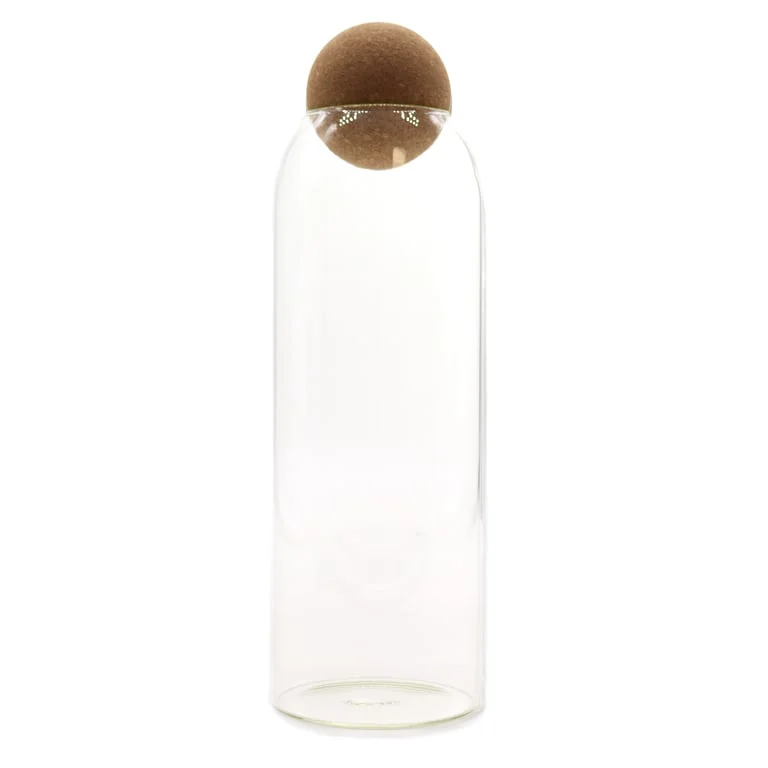 Cottage style clear glass jar with cork stopper, 25 cm tall, cylindrical shape displayed.