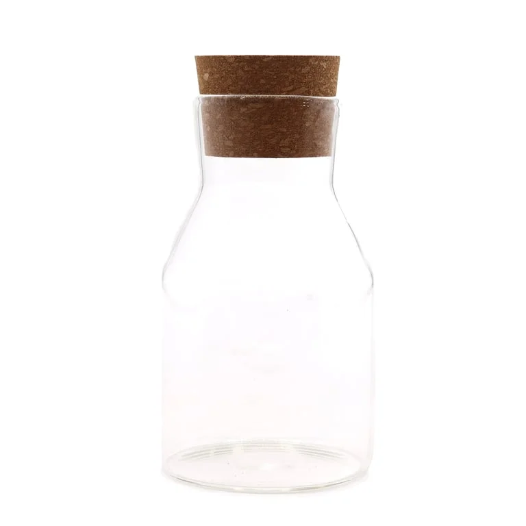 Clear 15 cm cork glass jar standing on a white background.