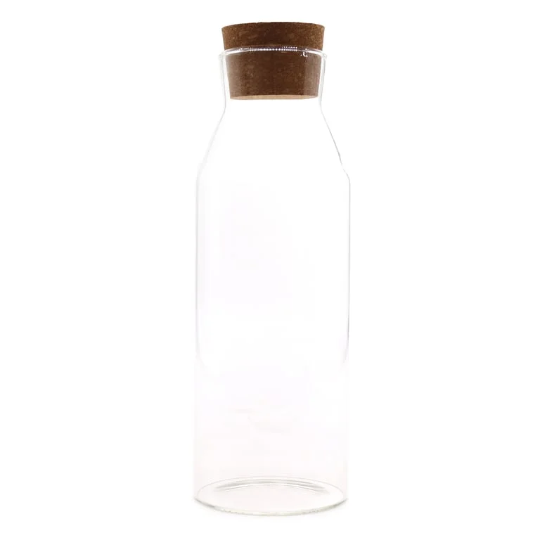 Clear 25cm cork glass jar with cork lid on a wooden stand.