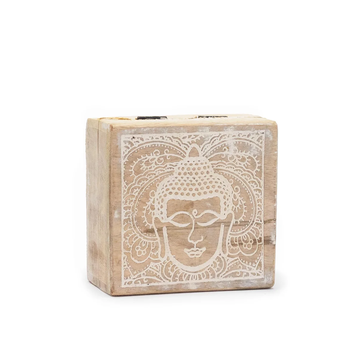 Small decorative box with Buddha face design, whitewashed finish, 10x10x4.2cm.
