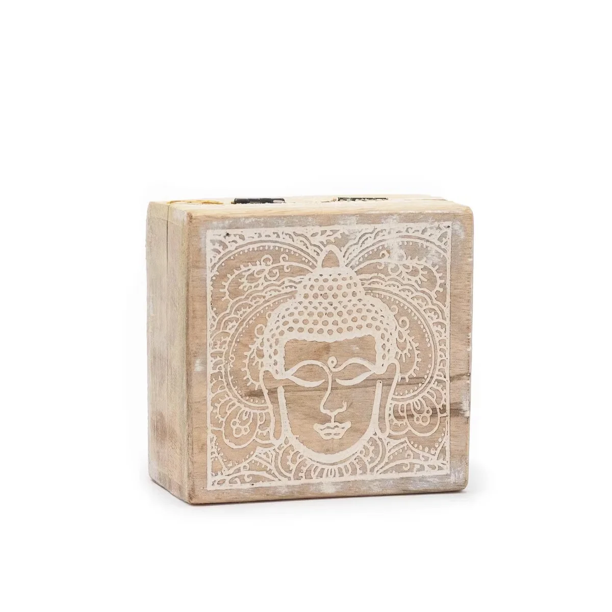 Whitewash finish box featuring Buddha face design, small square shape, 10x10x4.2cm