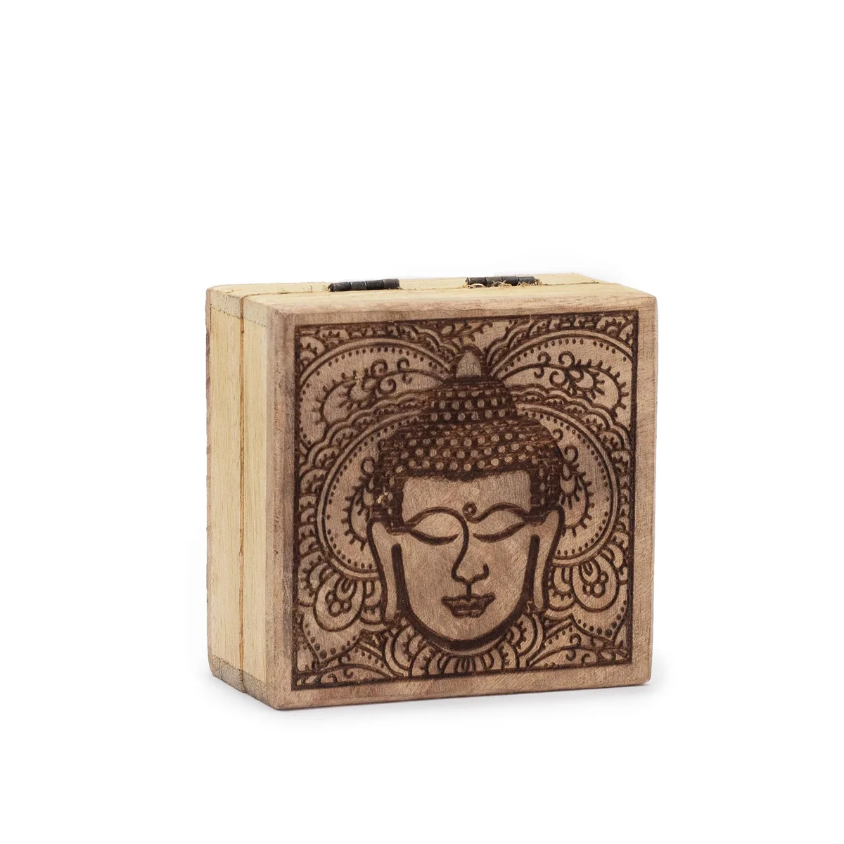 black engraved box with Buddha face etched on square lid, 10x10x4.2cm.