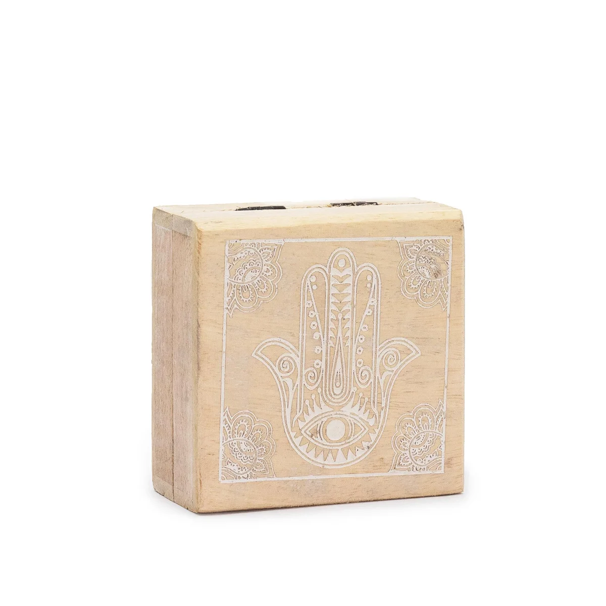 Small square box, 10x10x4.2cm, whitewashed surface and intricate Hamsa design, standing on flat surface.
