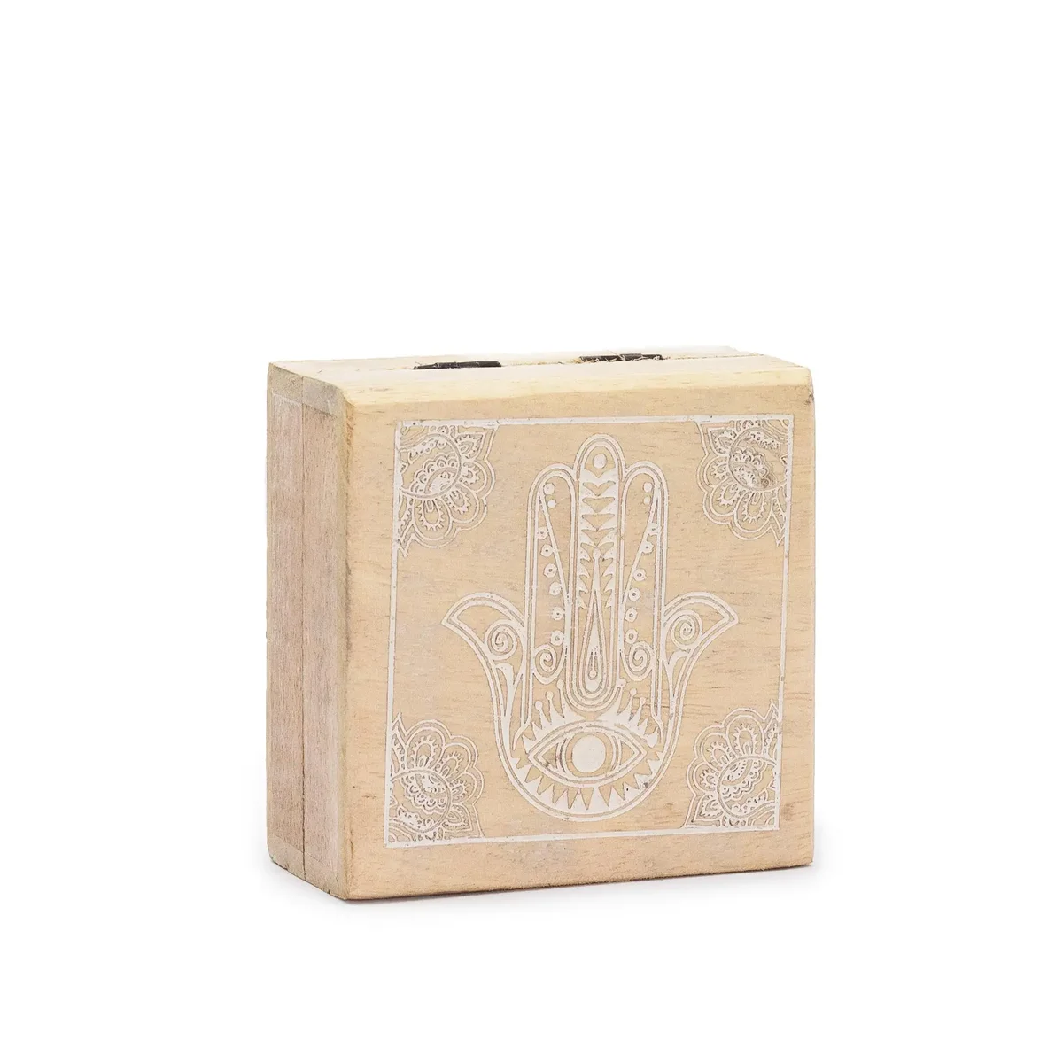 Small whitewashed square decorative storage box, 10x10x4.2 cm, with a Hamsa motif on the lid.