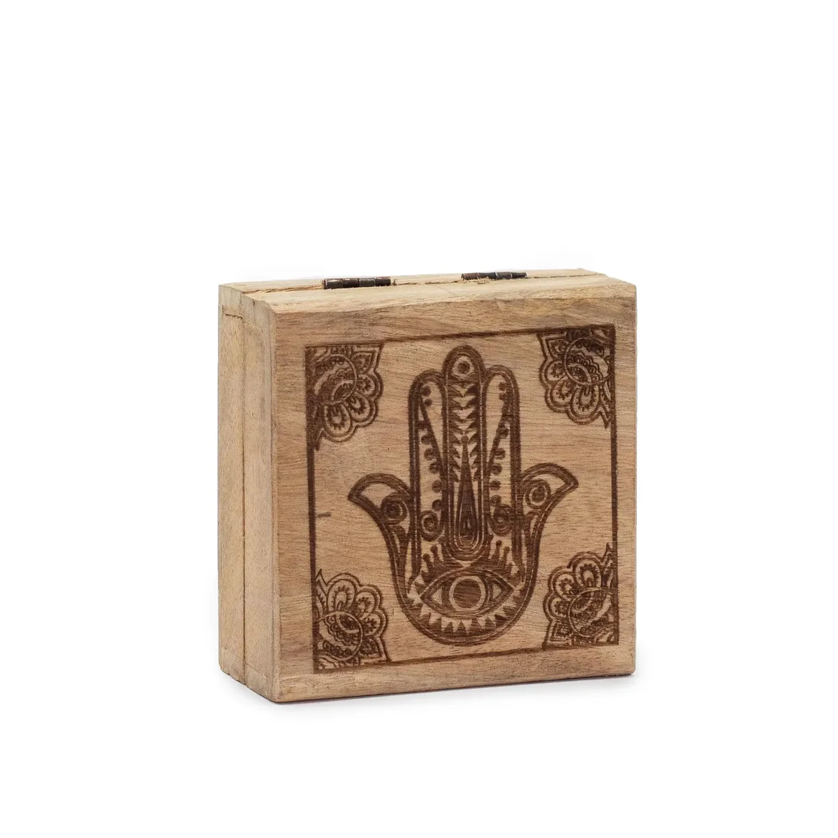 Engraved storage box, black Hamsa design, small square 10x10x4.2cm.