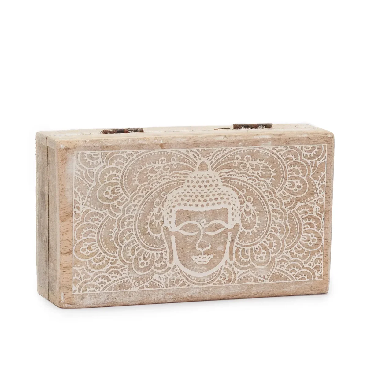 Whitewashed Buddha face box, 17x10x4.2cm med square design.