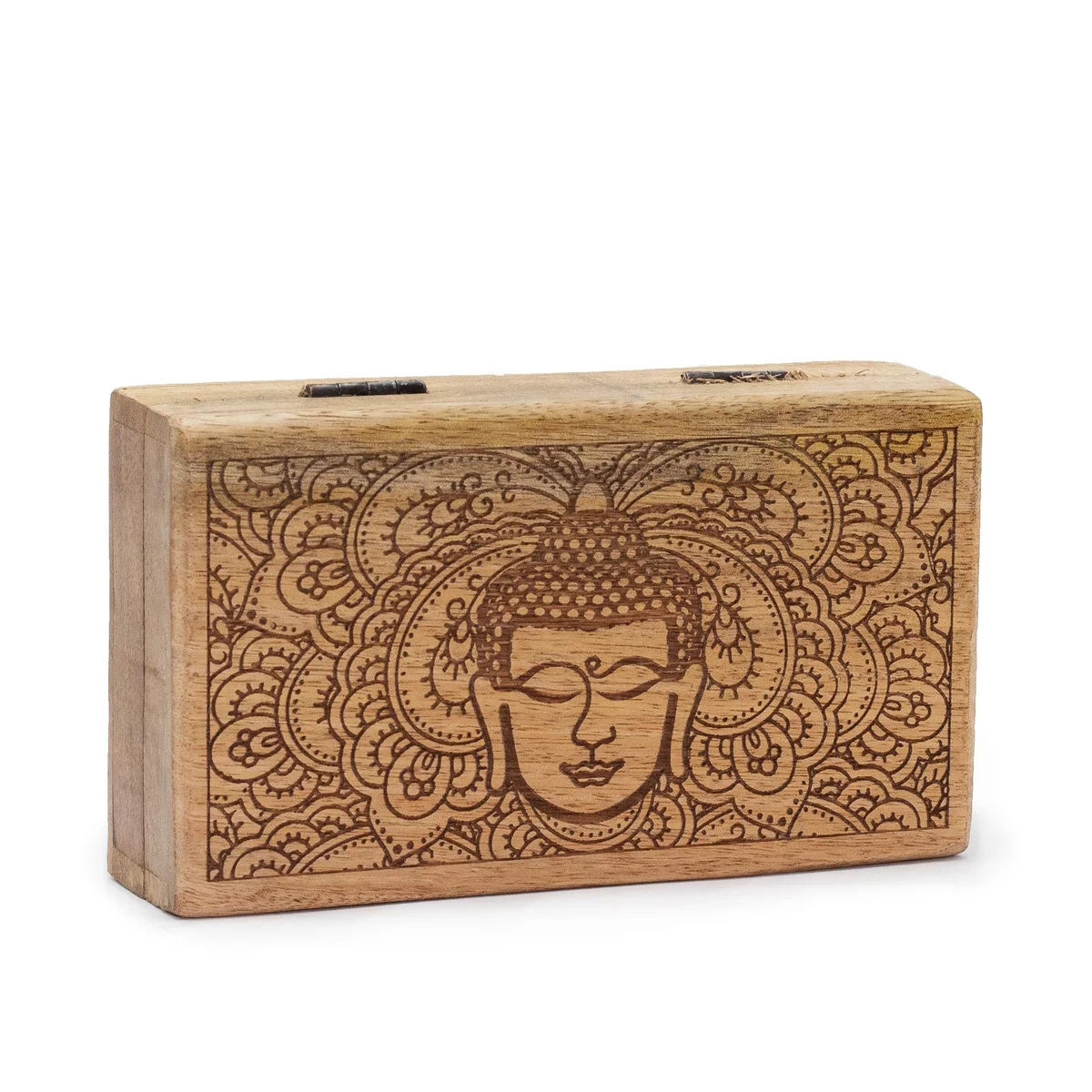 Engraved Buddha box: black square box 17x10x4.2cm with Buddha face design.