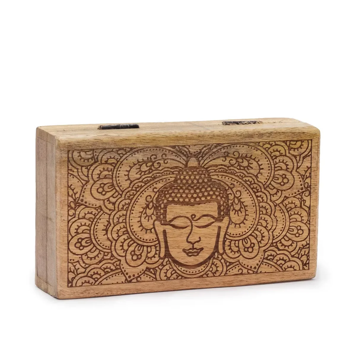 Decorative Buddha box with black engraved Buddha face, square shape, 17x10x4.2cm.
