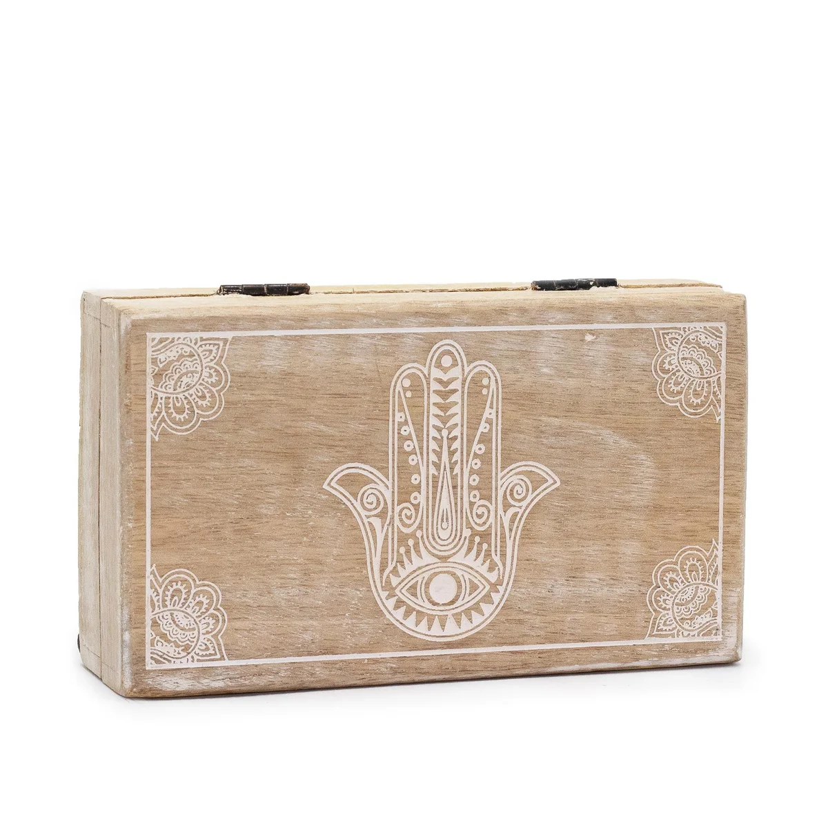 Whitewashed med square storage box, 17x10x4.2cm, with Hamsa pattern, shown open on a wooden table.