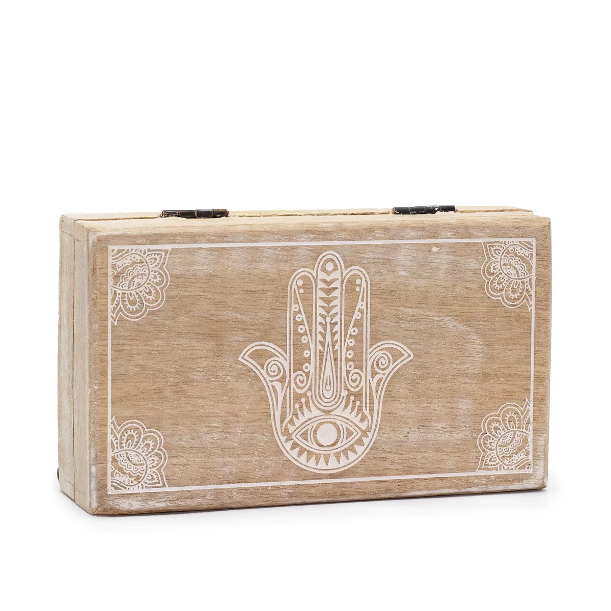 Hamsa whitewash box, small square design with a stylised whitewashed hamsa symbol