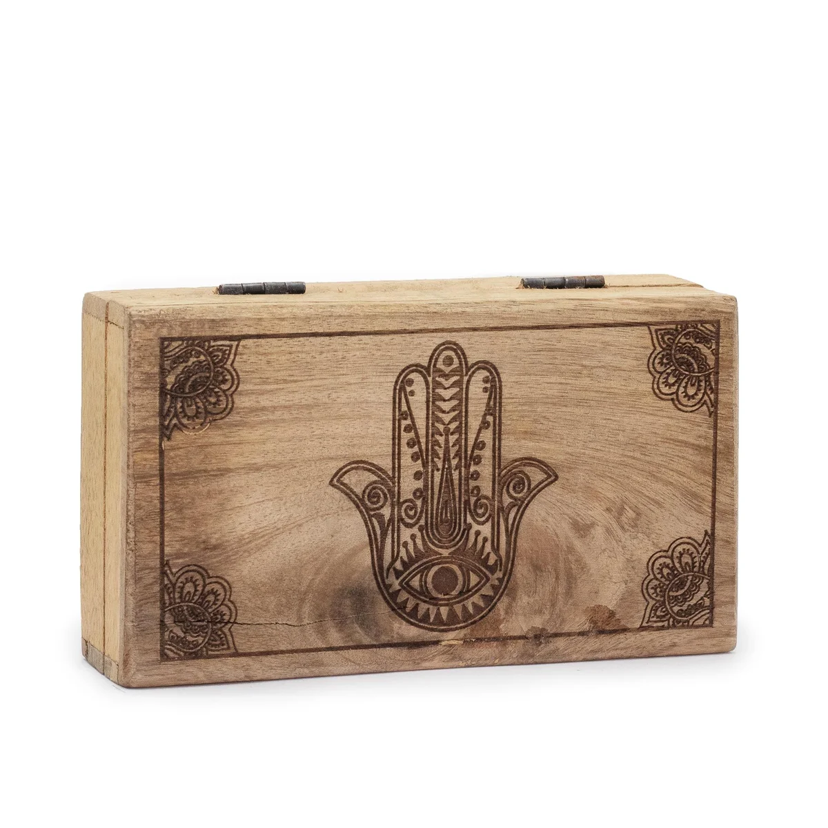 Black square box with engraved Hamsa symbol, measuring 17x10x4.2cm, an engraved storage box