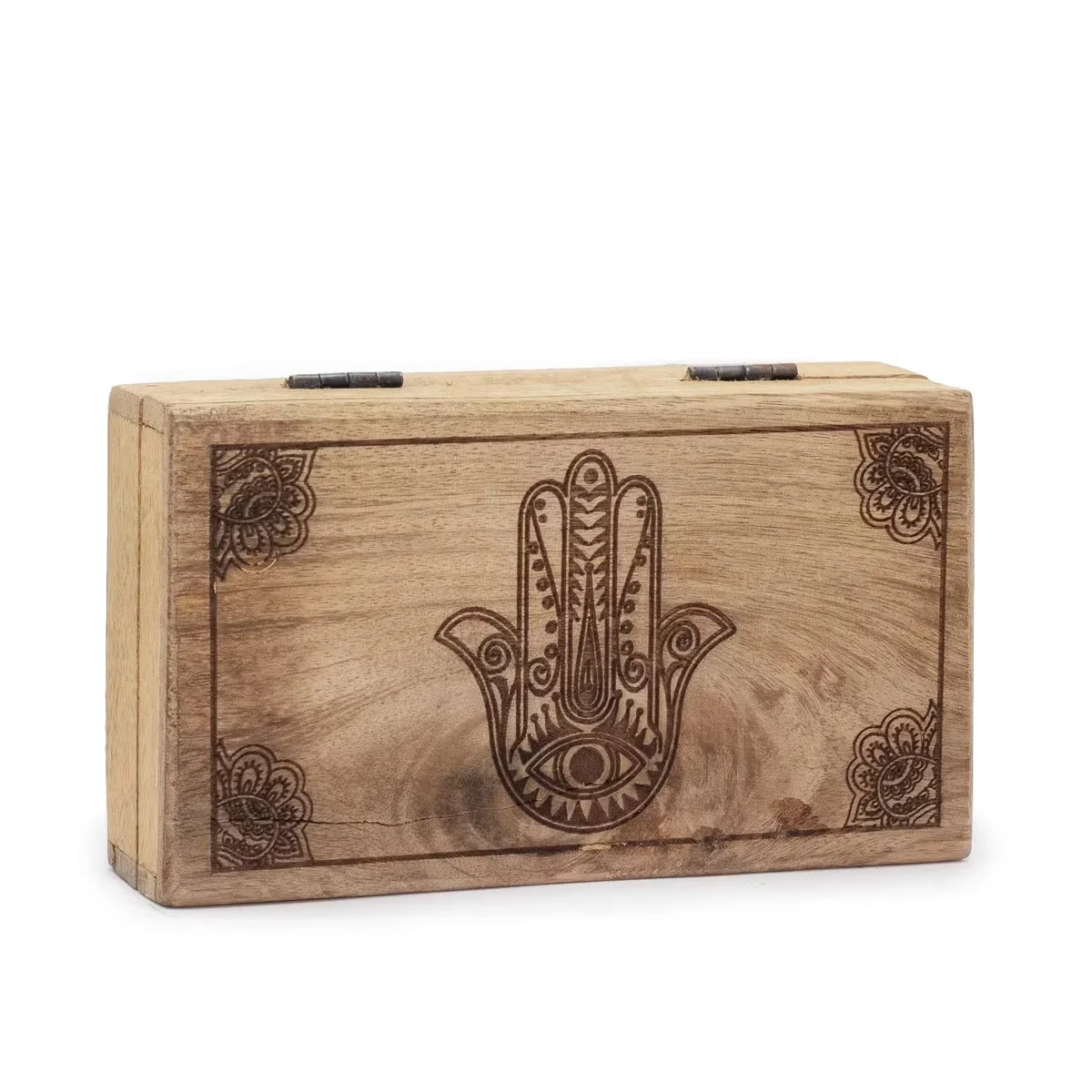 Med square box in black finish with an engraved Hamsa symbol.