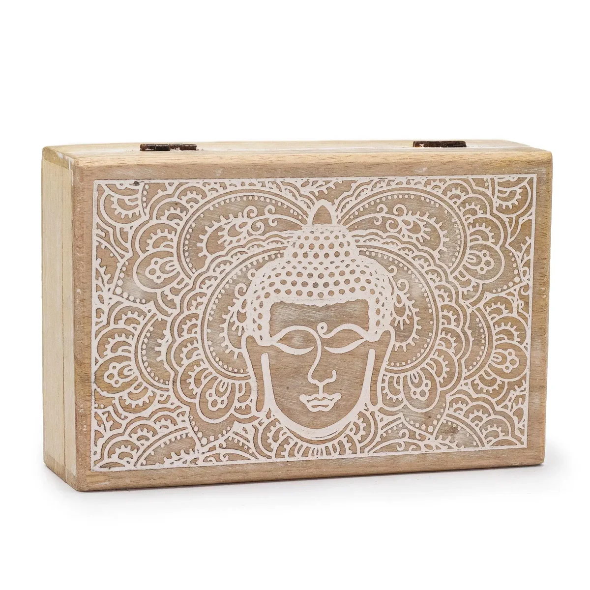 Whitewashed Buddha face decorative storage box, rectangular, 21.5x14x6.3cm.