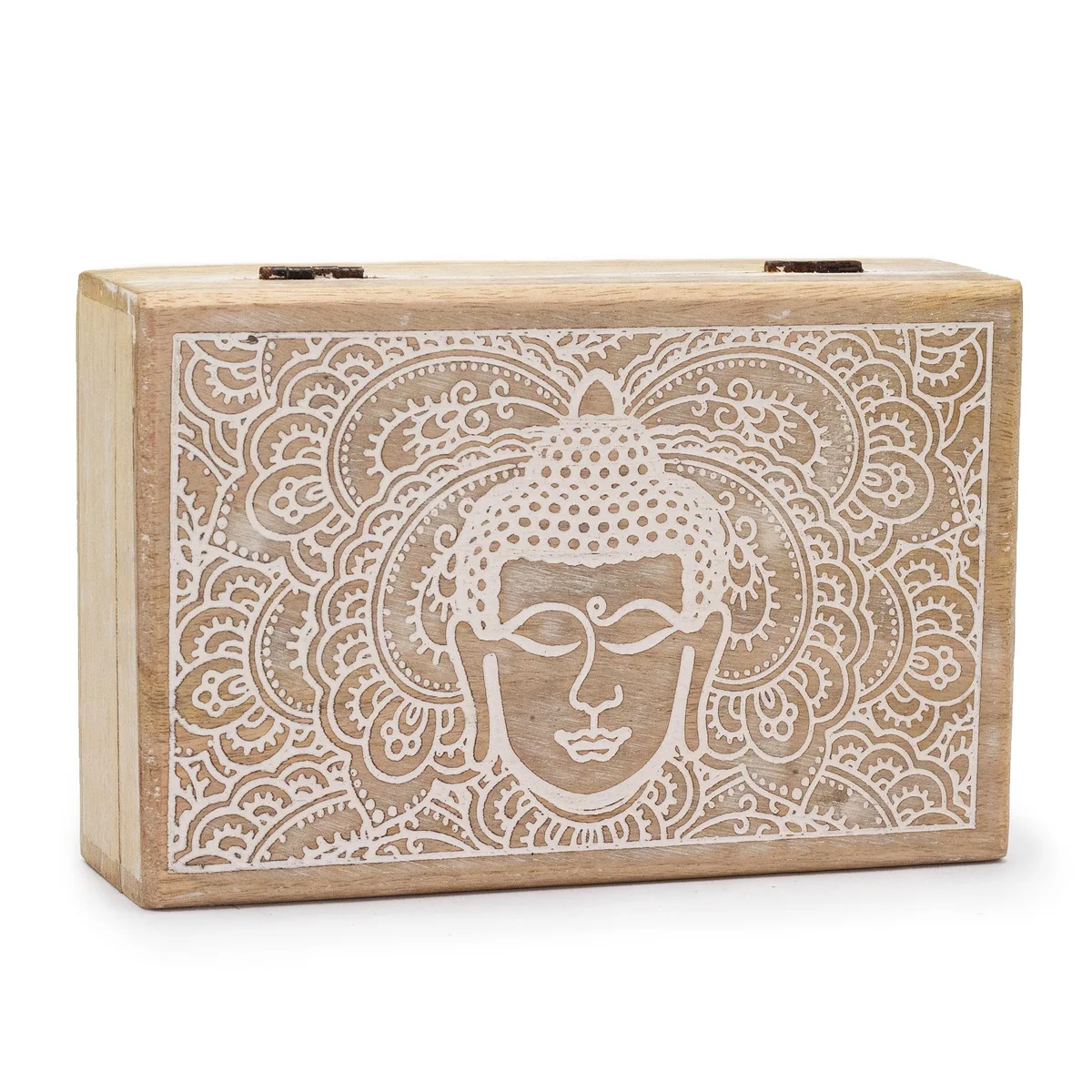 Whitewashed Buddha face box, 21.5cm × 14cm × 6.3cm rectangle.