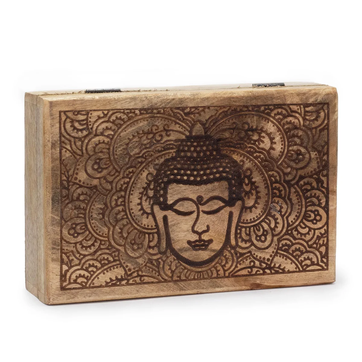 Black rectangular engraved storage box featuring a Buddha face on the front.