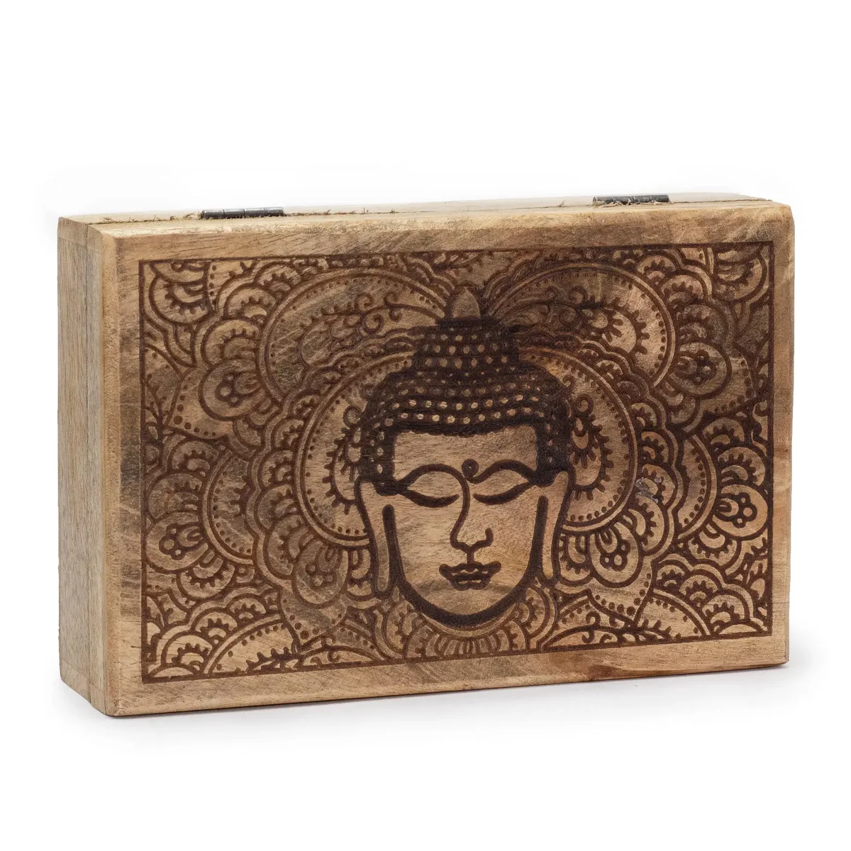 Rectangle storage box with black Buddha face engraving, displaying a spacious rectangular container.