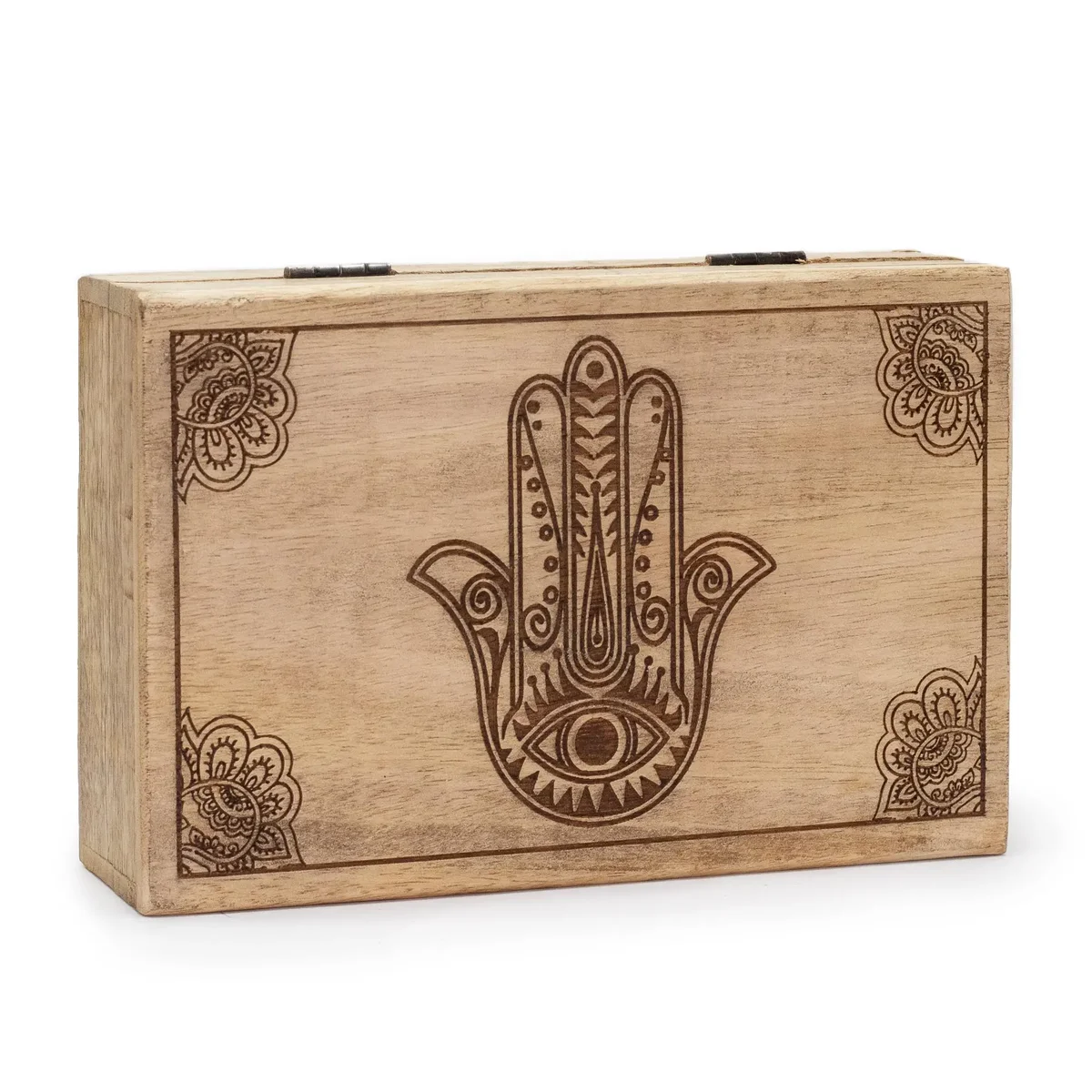 Black engraved box with Hamsa motif, rectangular shape, large lid, 21.5x14x6.3 cm, noted in product photo.