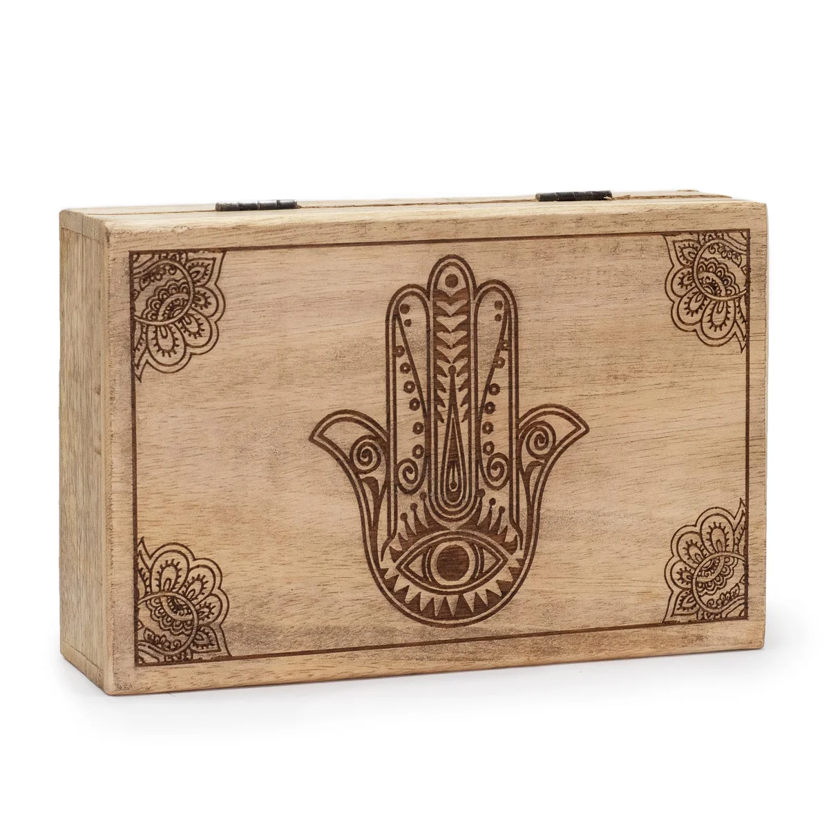 Black rectangle storage box with an engraved hamsa symbol, measuring 21.5x14x6.3cm, featuring a rectangular design.