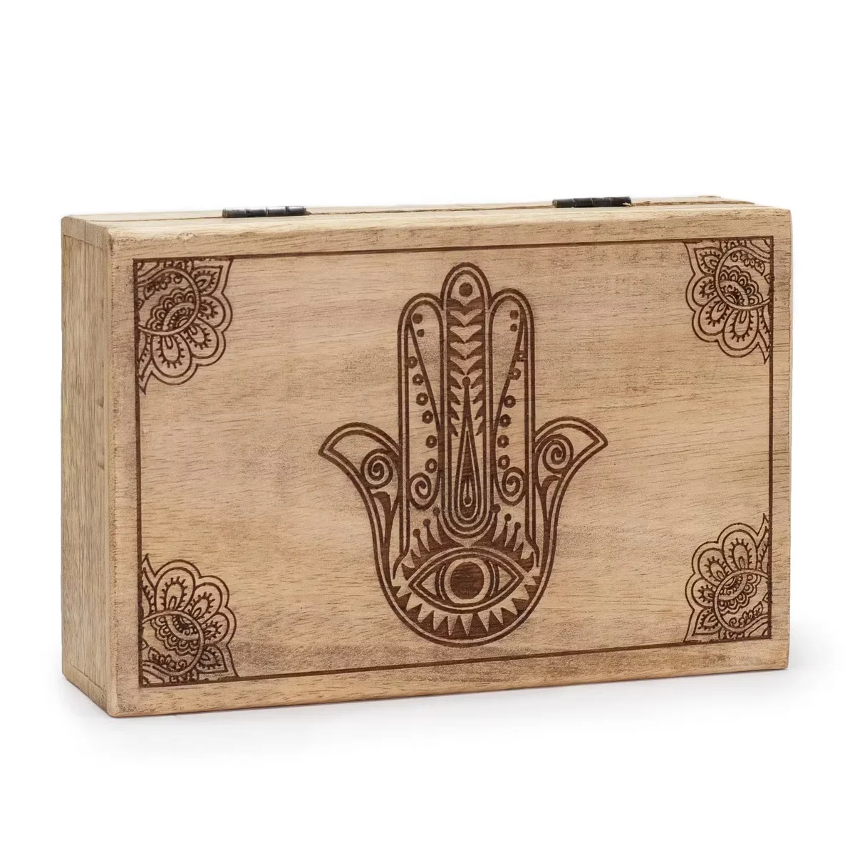 Decorative storage box: black rectangle box with engraved hamsa symbol, 21.5x14x6.3cm