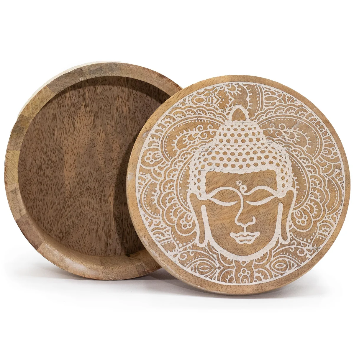 Whitewashed Buddha face round storage box, 17.5x7.5 cm