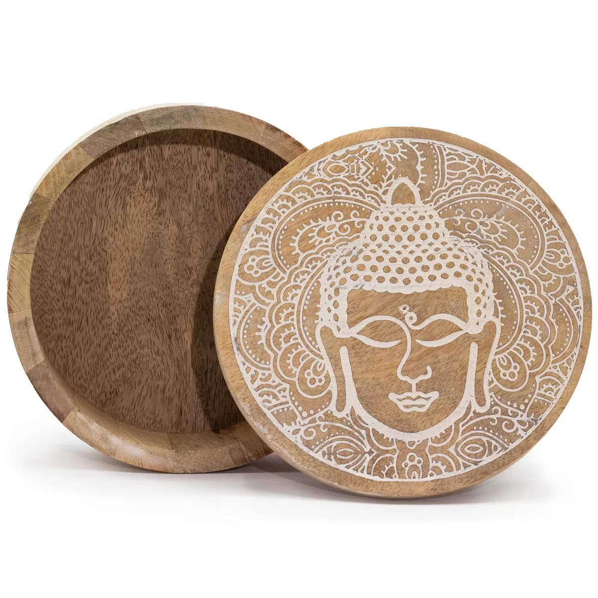Whitewash round box 17.5cm by 7.5cm featuring a stylised Buddha face.