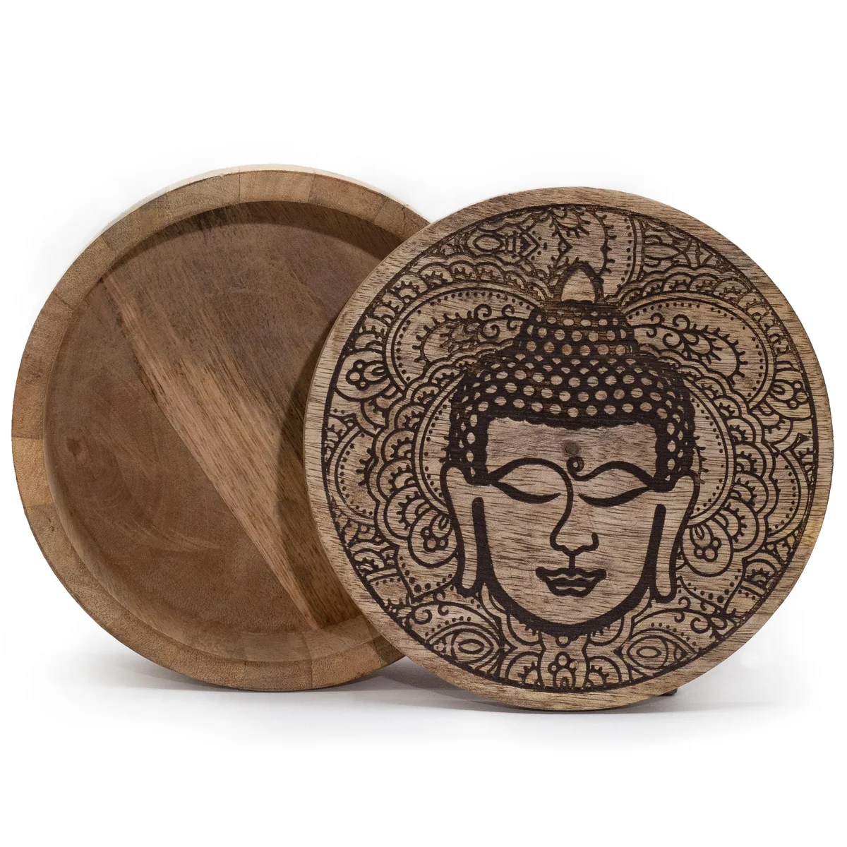 Black engraved Buddha face atop a round buddha face box, 17.5x7.5cm