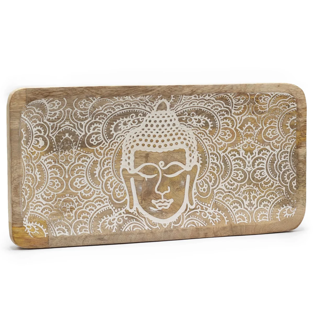 Whitewashed Buddha face tray, 30x15x2.5cm long rectangle, ceramic dish with Buddha figure