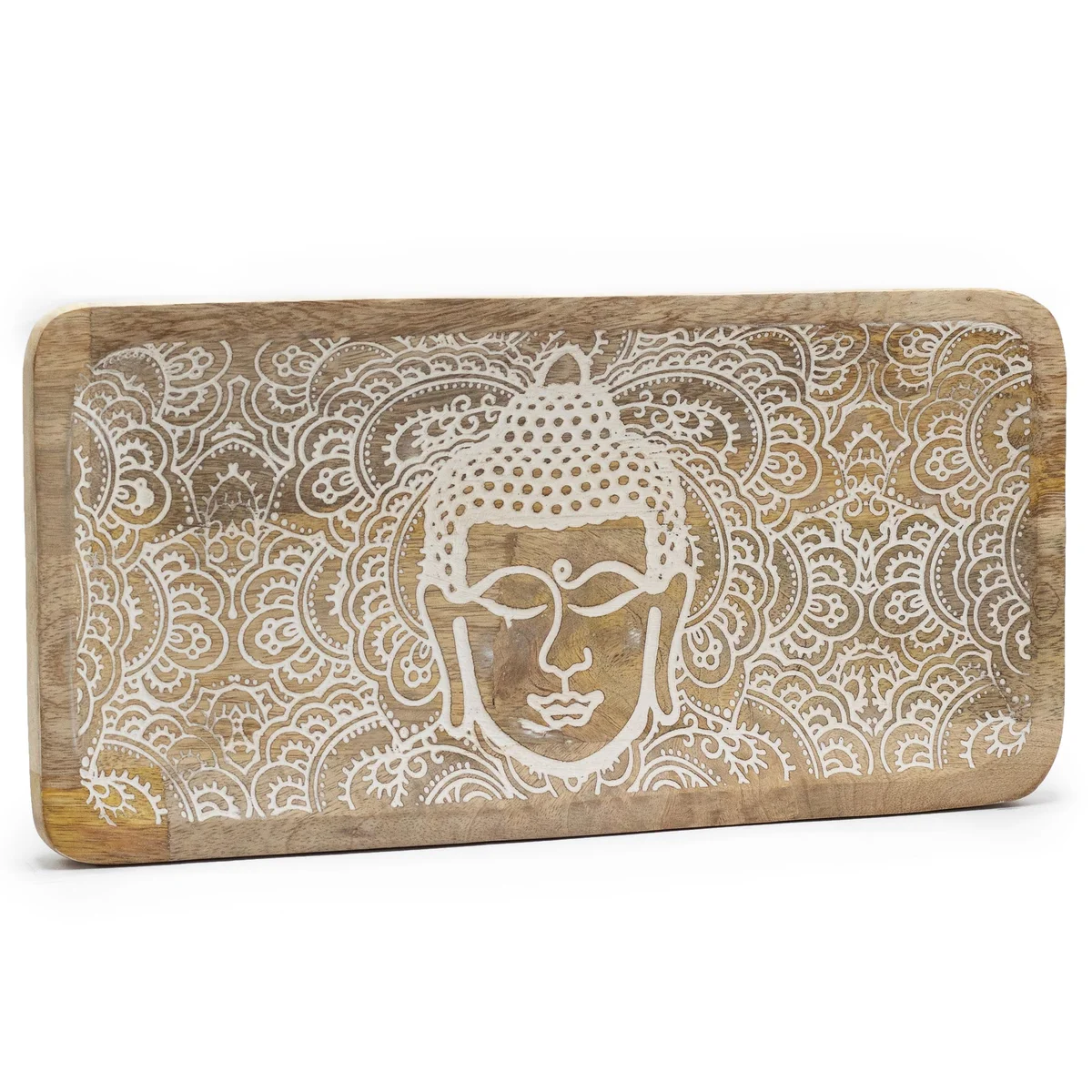 Whitewash Buddha ornament on a long tray measuring 30x15x2.5cm.