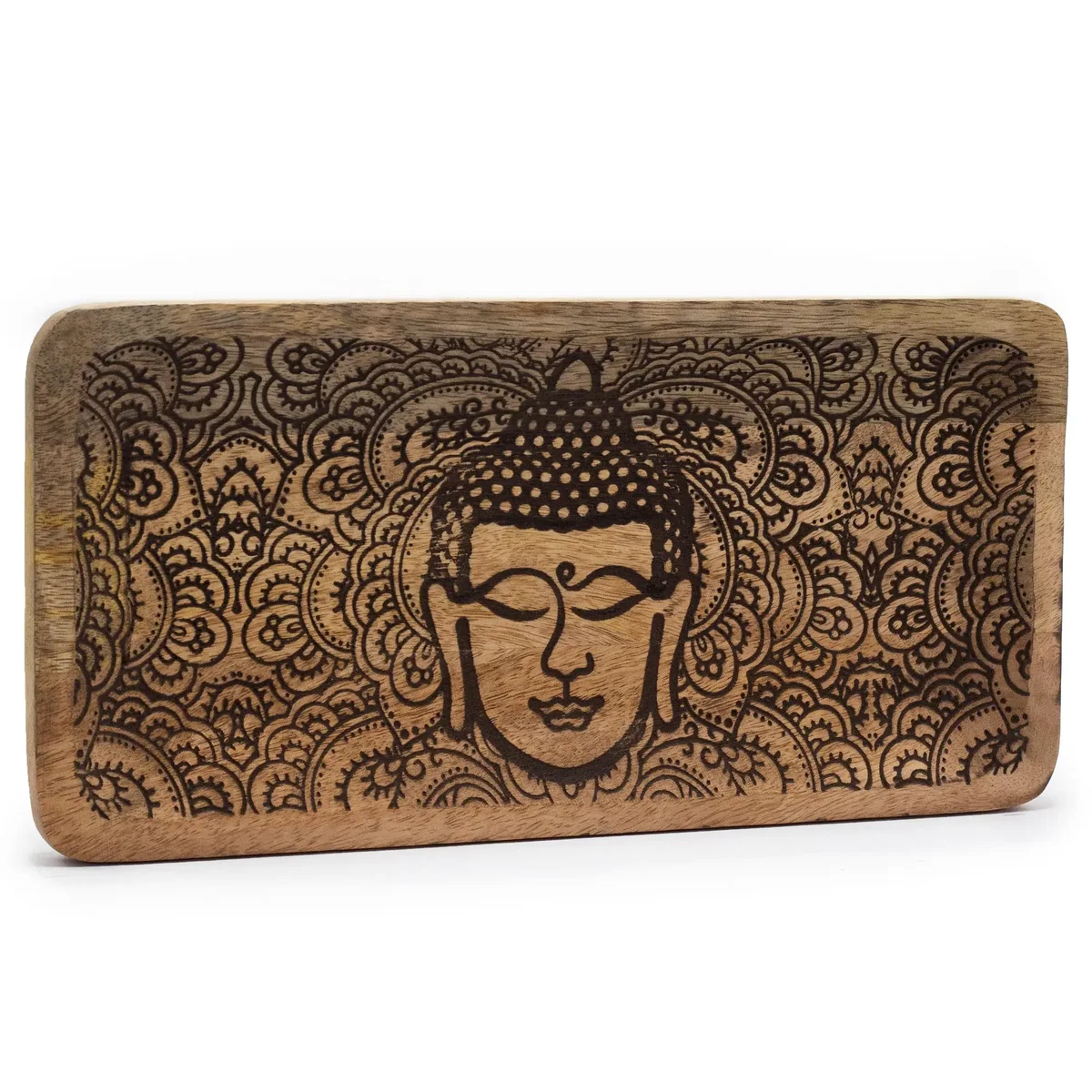 Long decorative tray with black Buddha face engraving, 30x15x2.5cm.