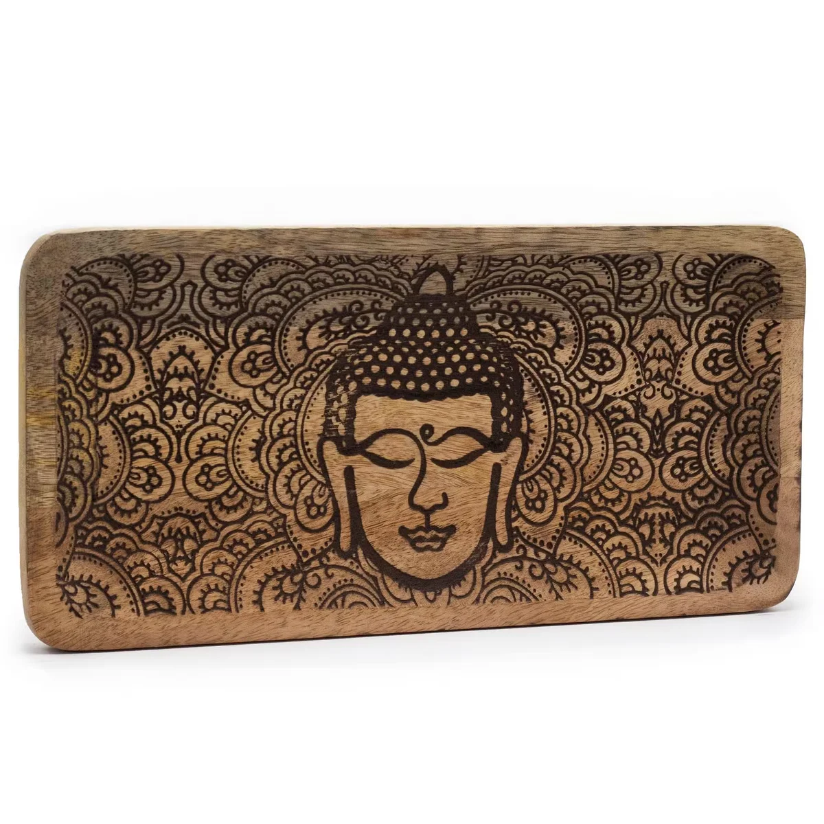Black long tray with engraved Buddha face, a stylish Buddha home decor item