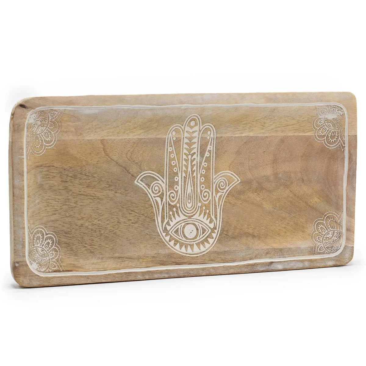 Long whitewashed tray with hamsa design tray, 30x15x2.5cm, shown on plain white surface