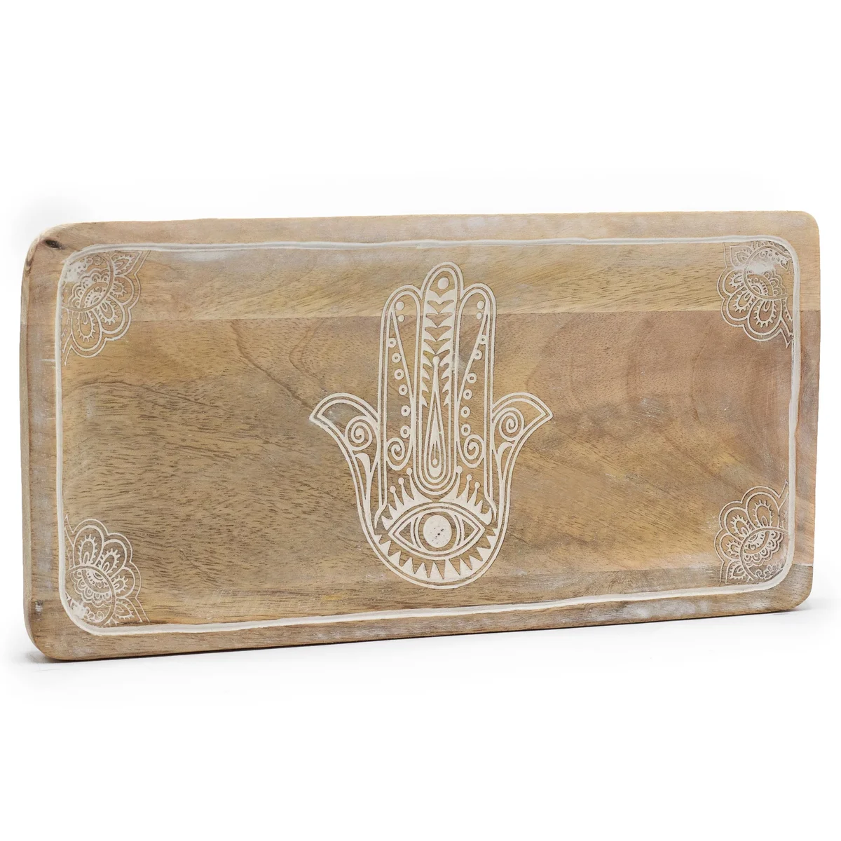 Whitewash tray with Hamsa design, measuring 30x15x2.5cm.