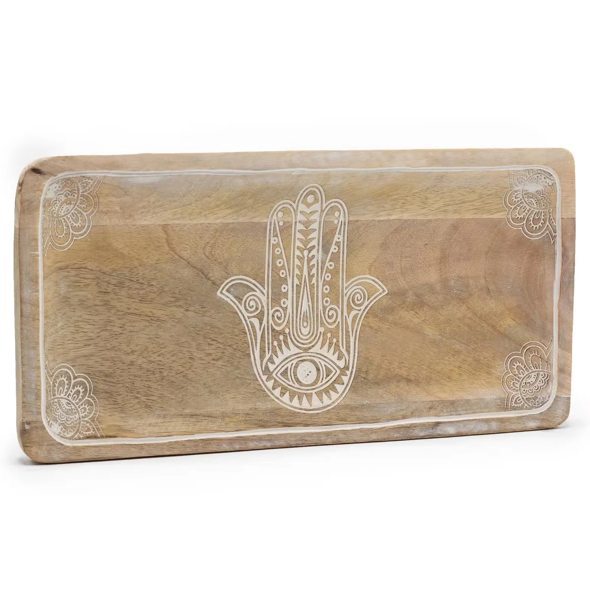 Whitewashed decorative serving tray featuring Hamsa design, long rectangular shape 30x15x2.5cm