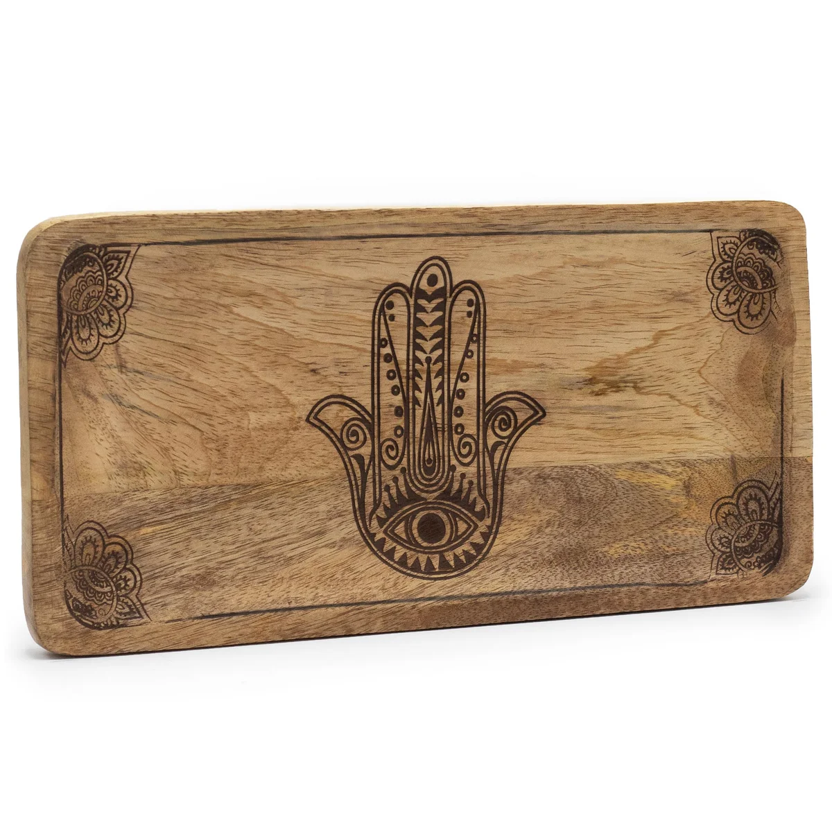 Black engraved tray featuring a hamsa design, 30x15x2.5cm, sleek black surface.