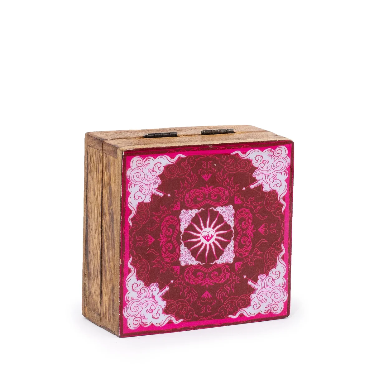 Small enameled square decorative storage box with heart and cupid design by Hop Hare, shown from angled side view