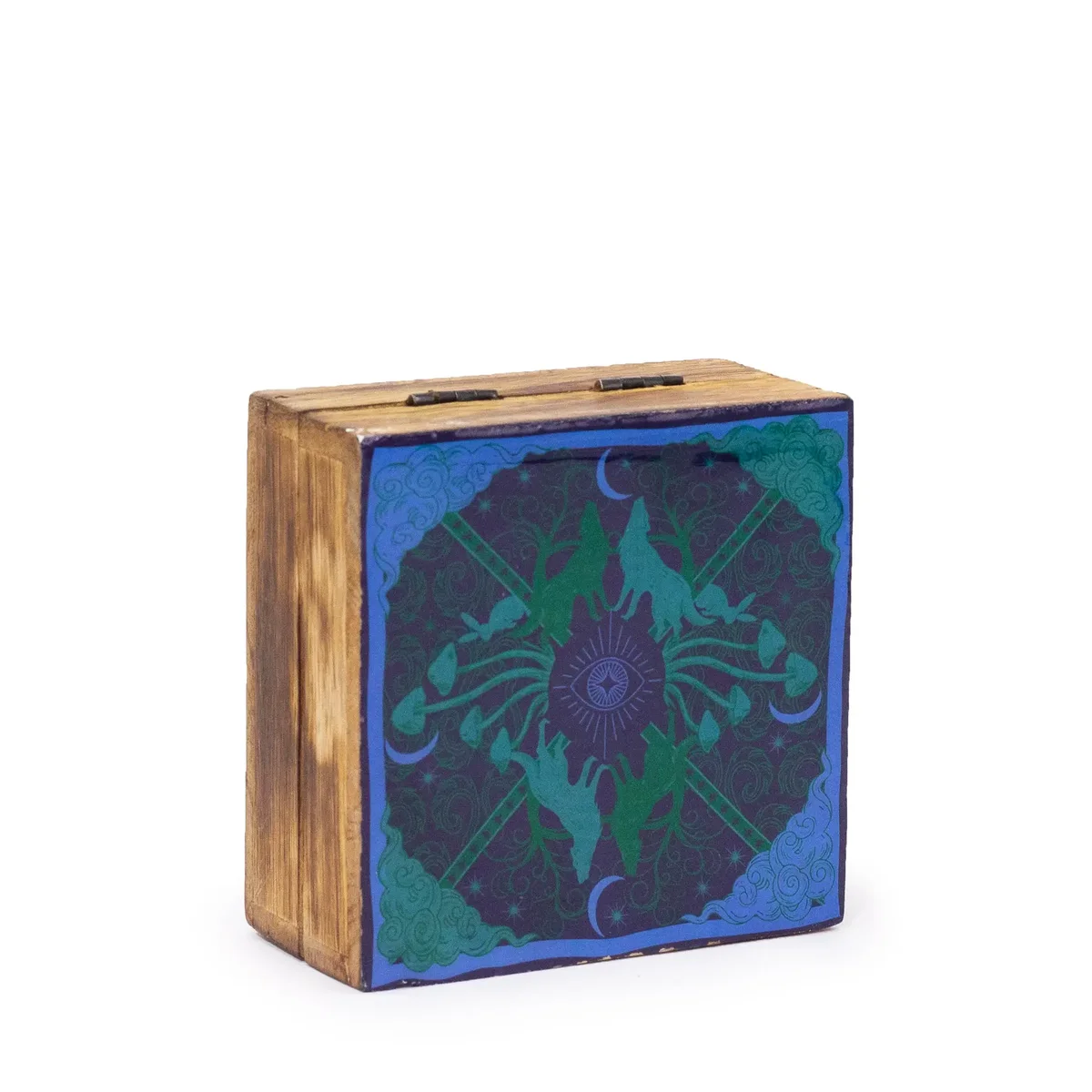 Small enamel box with wolf and moon design, square shape by Hop Hare, ideal for storing small items