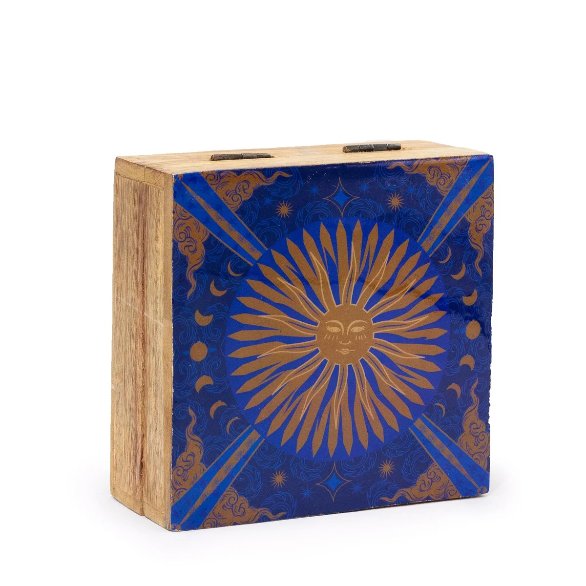 Medium enameled square box featuring a sun design by Hop Hare, vibrant and decorative storage container