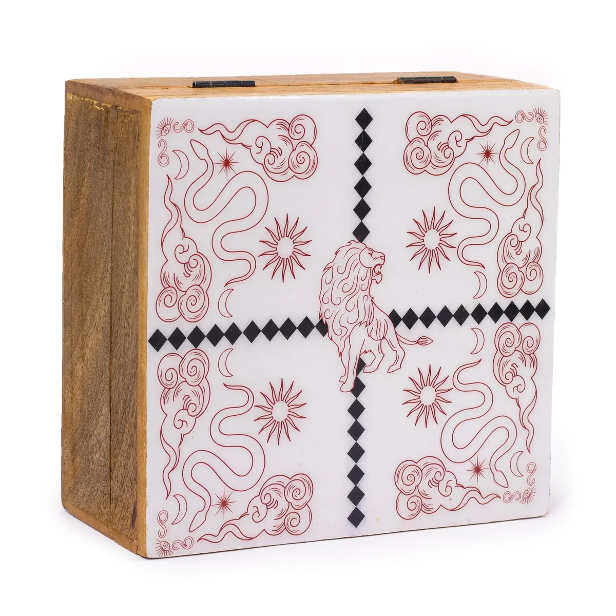 Hop Hare big enameled square decorative storage box featuring lion and snakes design on lid