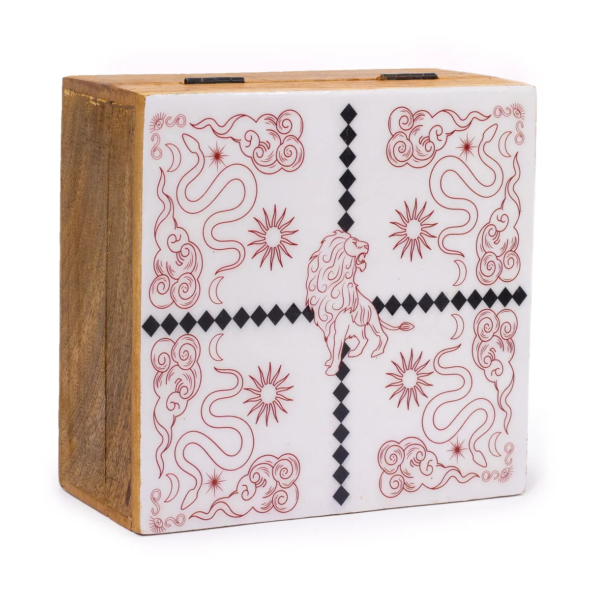 Hop Hare big enameled square lion and snakes box with detailed lion and snake design on lid, vibrant colors.