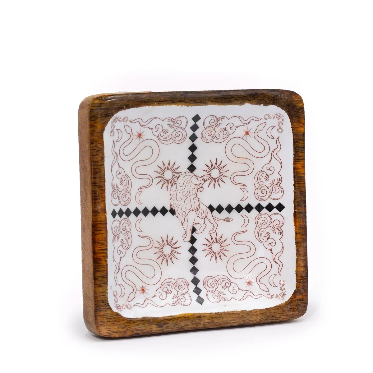 Square enameled trinket tray featuring lion and snake design by Hop Hare in vibrant colors