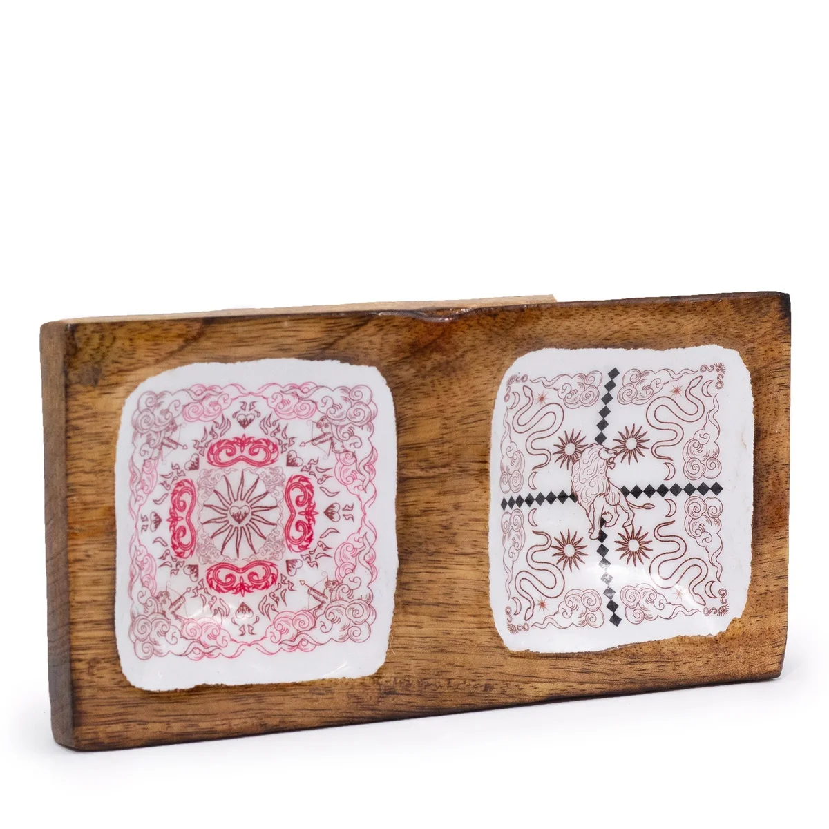 Enameled trinket tray featuring double compartments with Cupid and lion designs by Hop Hare