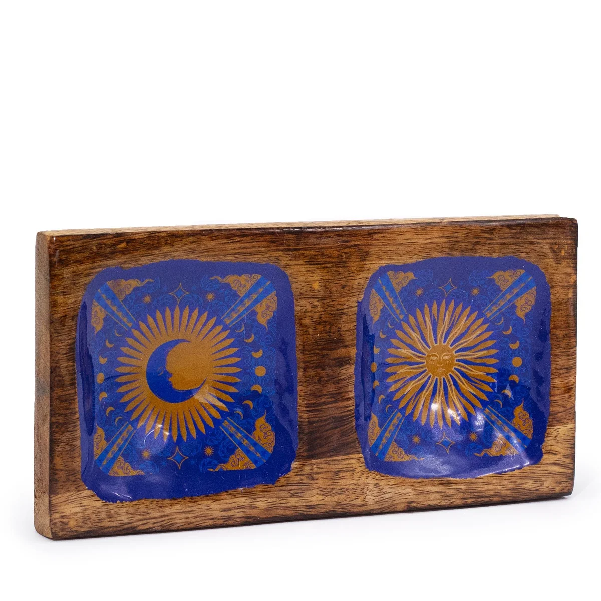 Enameled double trinket tray featuring sun and moon designs by Hop Hare, ideal for storing small items