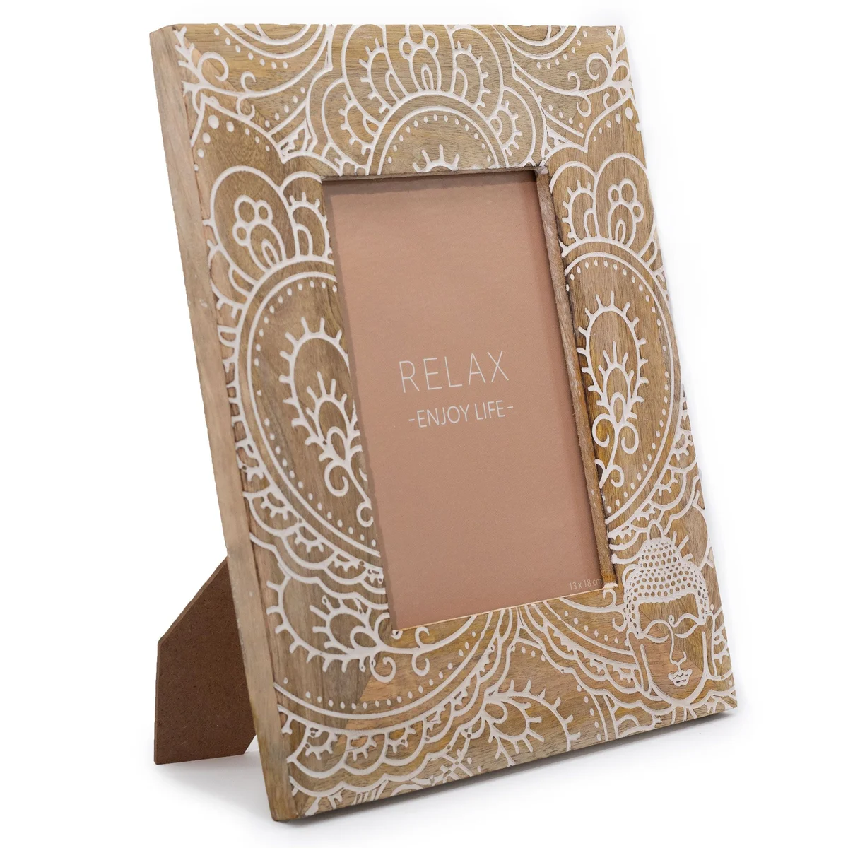 Large mango wood picture frame in white with Buddha design, 28x23x2cm, fitting 13x18cm photos