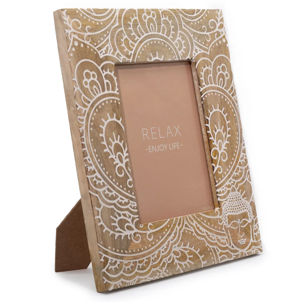 Large white mango wood photo frame with Buddha design, 13x18cm size