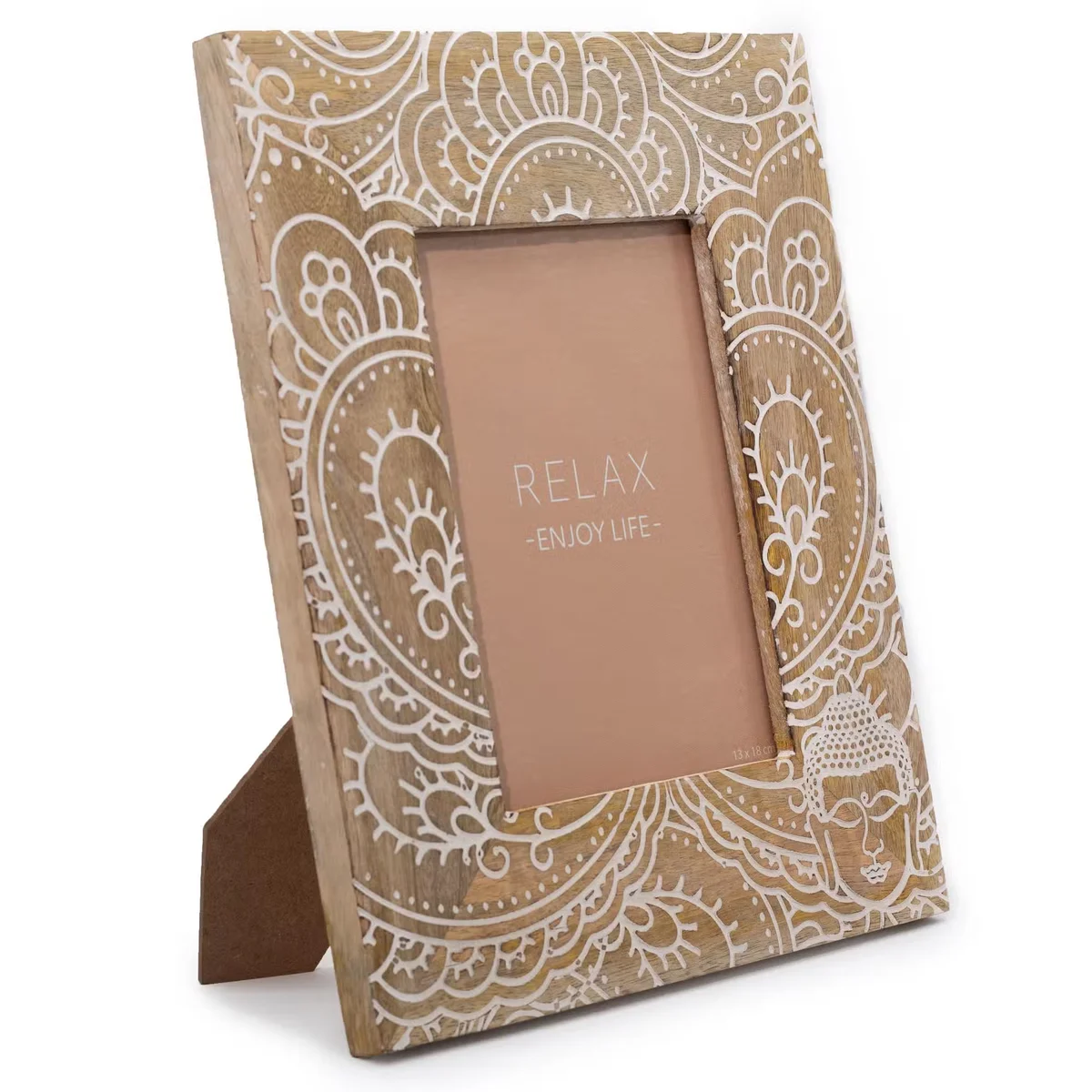White picture frame with Buddha design made of mango wood, sized 28x23x2cm, holds a 13x18cm photo.