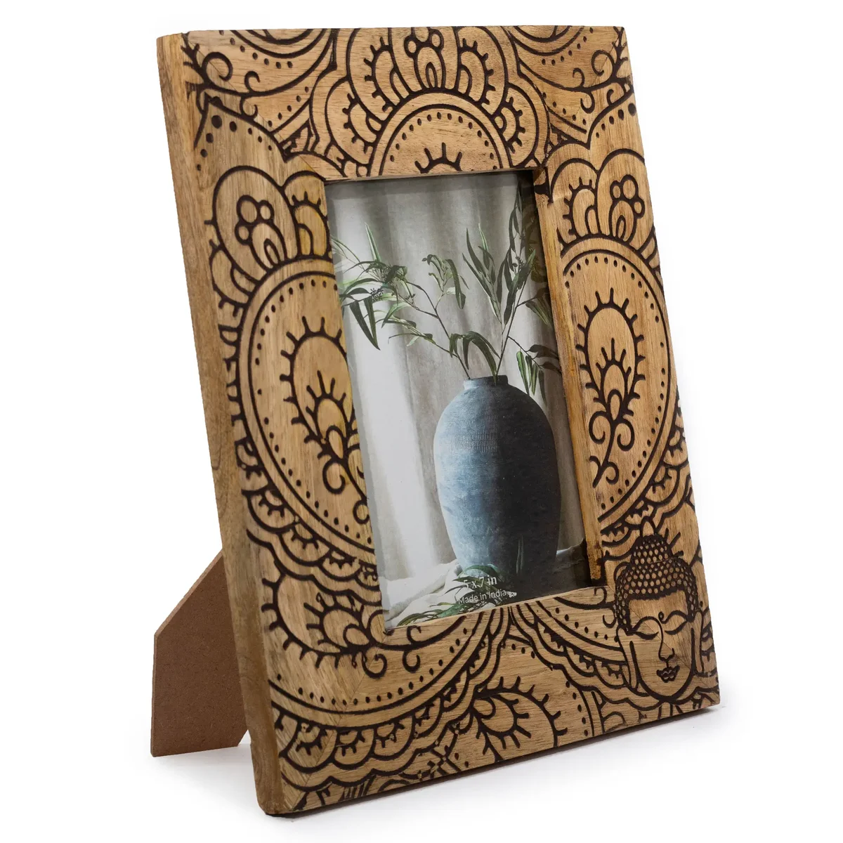 Large black mango wood picture frame with Buddha design, fits 13x18cm photo, size 28x23x2cm